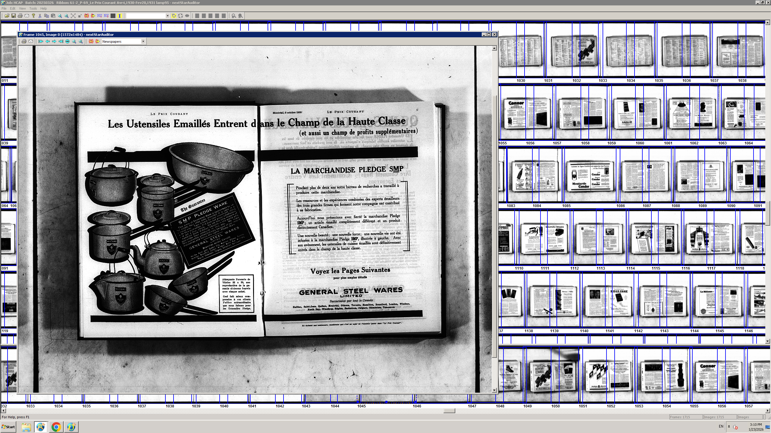 A screenshot of auditing software showing a strip of microfilm frames and a single frame blown up to full size.