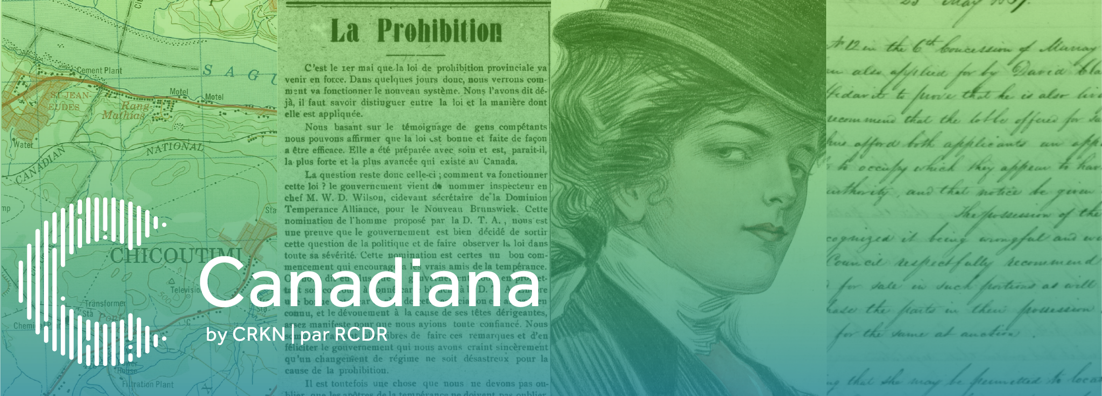 Graphique représentant une carte, un article de journal, une couverture de magazine et un texte manuscrit de Canadiana. Le logo de Canadiana est superposé.