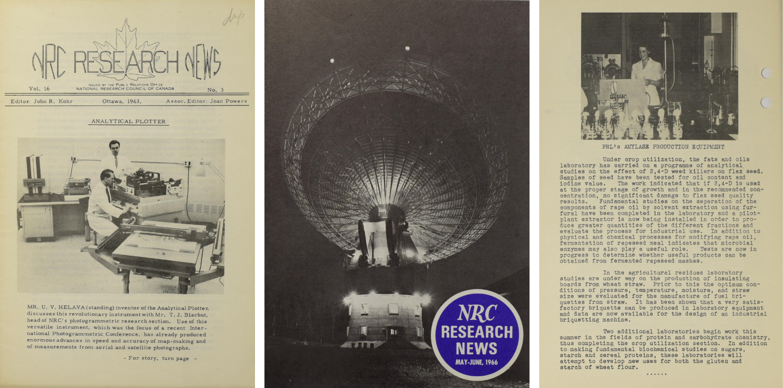 Graphic of three pages from NRC Research News, showing two cover pages and an interior page from the publication.