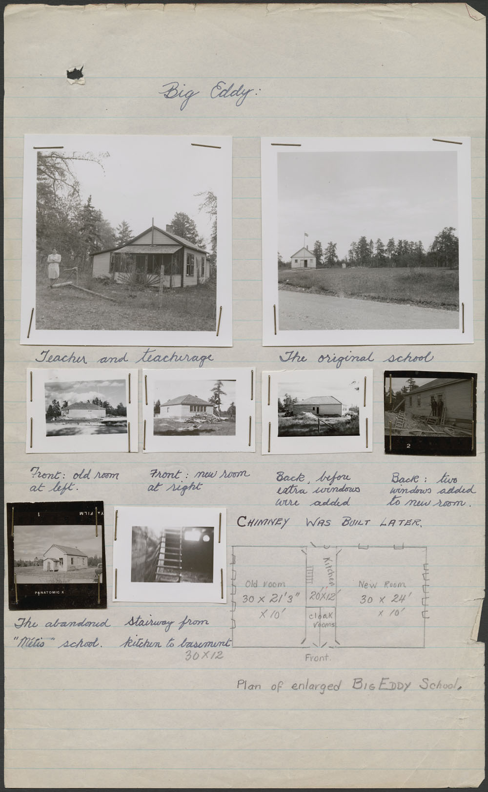 Une feuille de papier lignée sur laquelle sont agrafées des photos, accompagnées de notes et de légendes manuscrites.