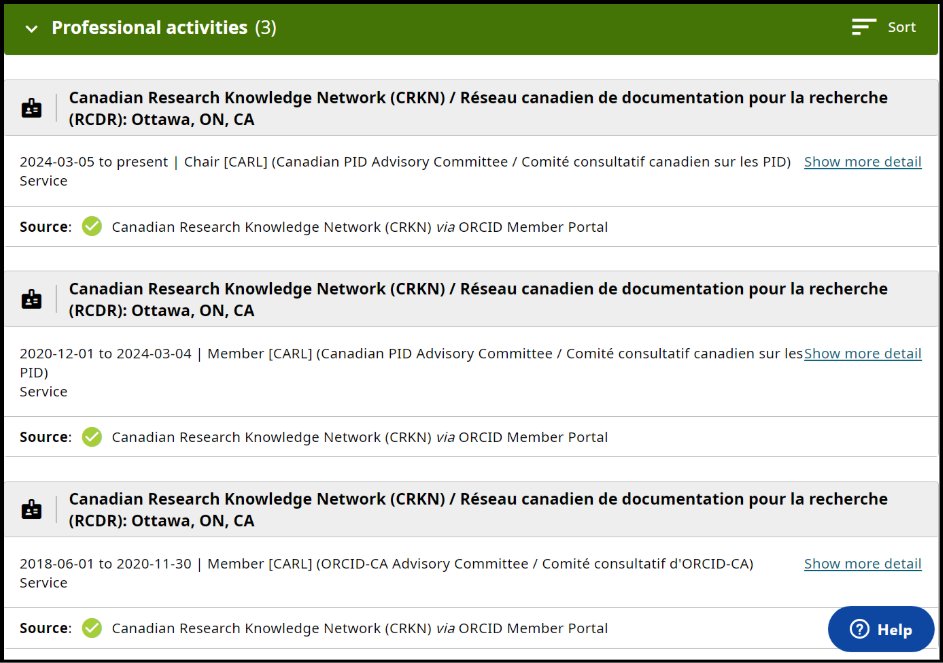 Image d’un dossier ORCID présentant la participation au conseil d’administration du RCDR, rédigée à l’aide de l’Affiliation Manager d’ORCID 