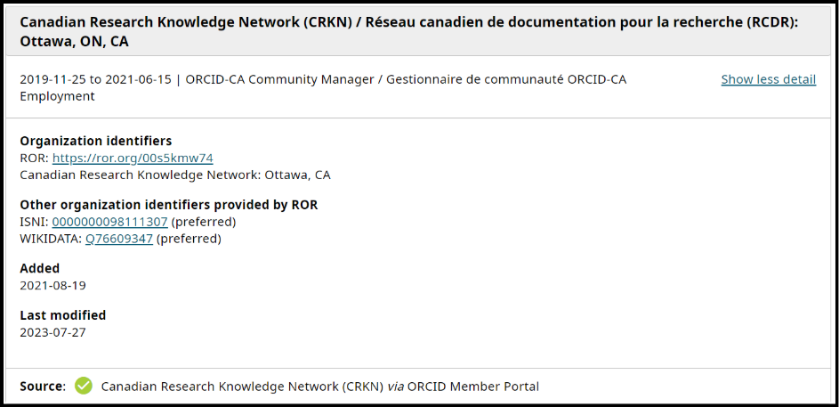 Exemple d’une entrée d’emploi dans un dossier ORCID indiquant le RCDR comme source, avec le titre du poste « Gestionnaire de communauté ORCID-CA » 