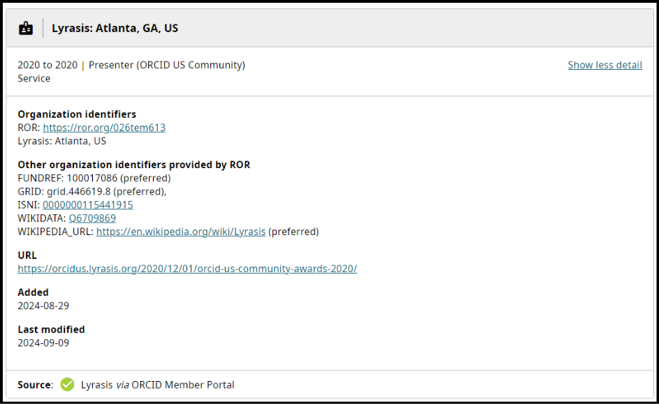 Exemple d’une entrée dans un dossier ORCID transféré depuis Lyrasis via l’Affiliation Manager 