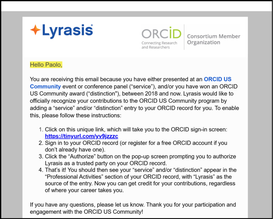 Exemple d’un courriel envoyé par Lyrasis via un outil de fusion aux bénévoles et aux récipiendaires de prix 