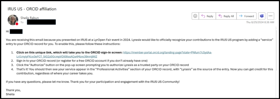 Exemple d’un courriel envoyé à des bénévoles à partir d’une adresse personnelle&nbsp;