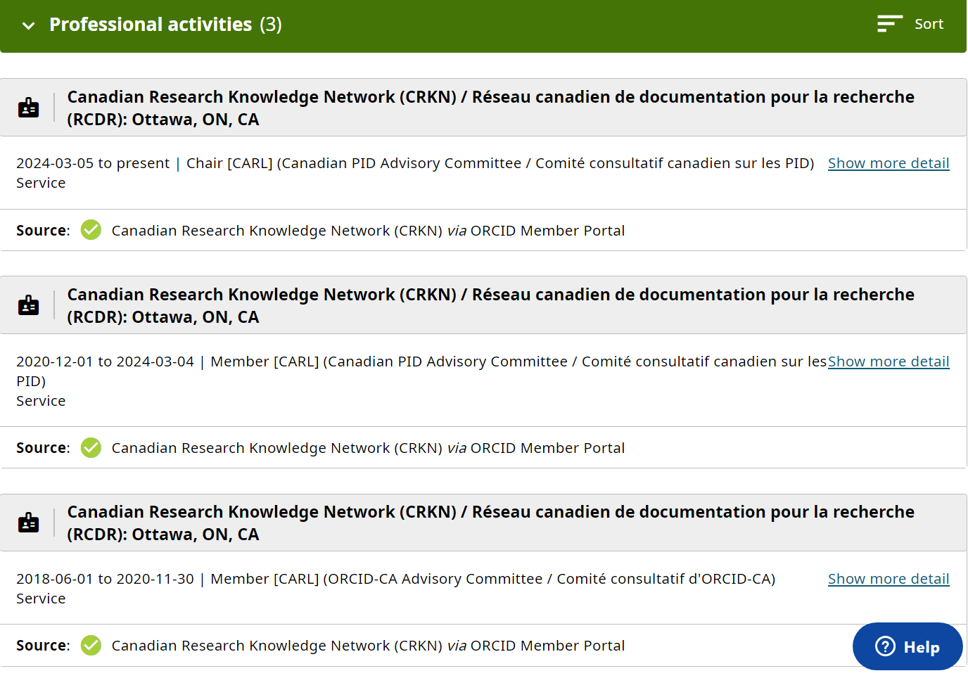 Image of an ORCID record showcasing CRKN Board Service written via the CRKN ORCID Affiliation Manager&nbsp;