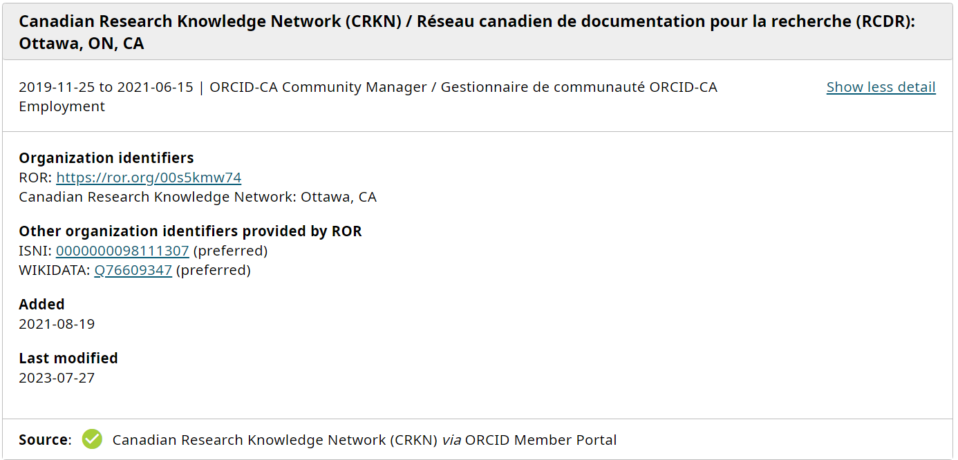 Example of an ORCID record employment entry showing CRKN as the source, with the job title as “ORCID-CA Community Manager”&nbsp;&nbsp;