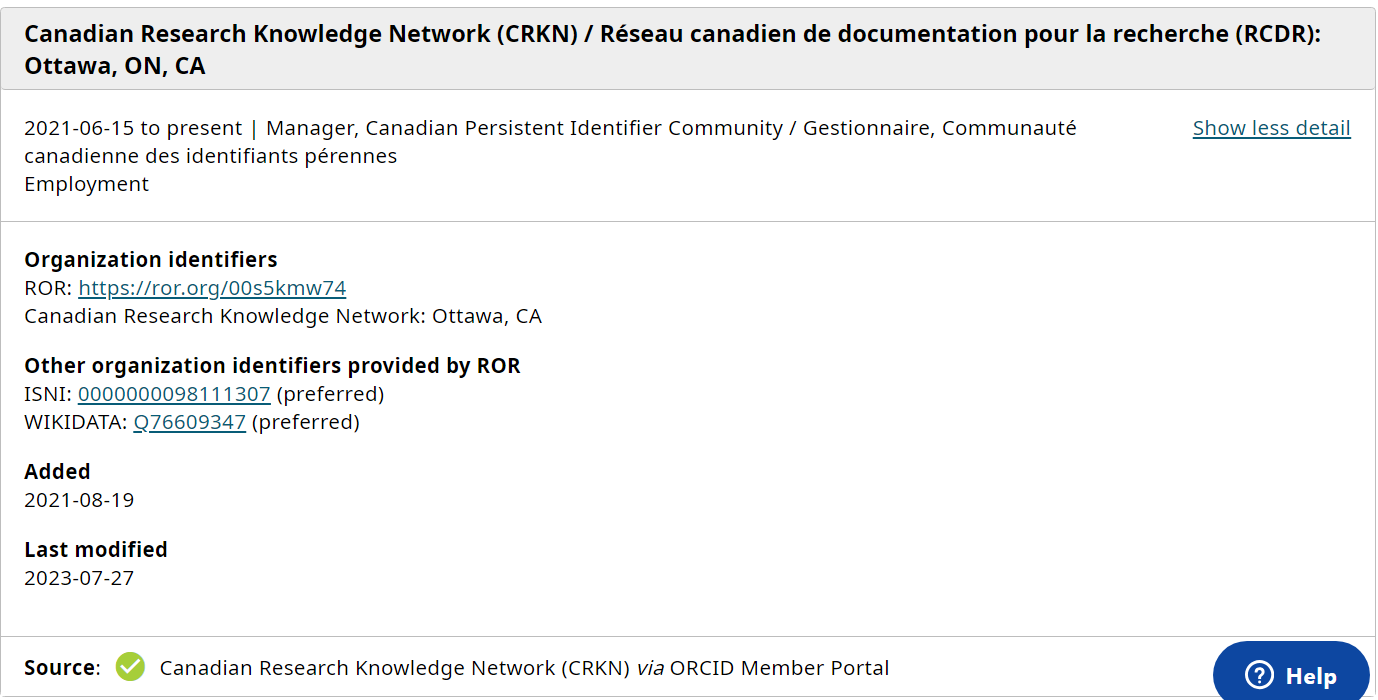 Example of an ORCID record employment entry showing CRKN as the source, with the job title as “Manager”&nbsp;&nbsp;