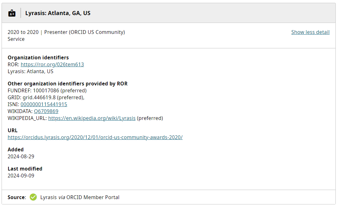 Example of a service entry in an ORCID record pushed from Lyrasis via the Affiliation Manager&nbsp;
