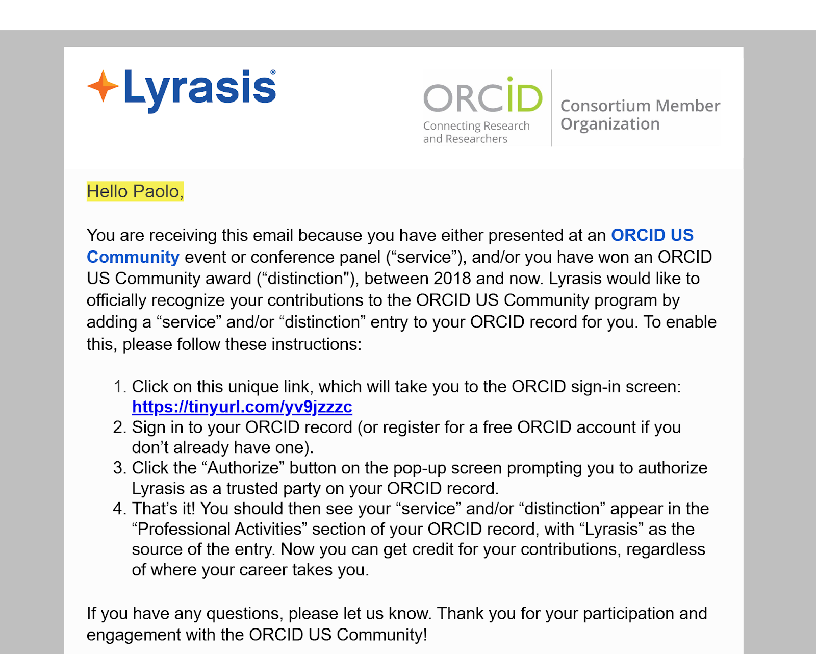 Example of an email sent from Lyrasis via a mail merge to volunteers and award winners