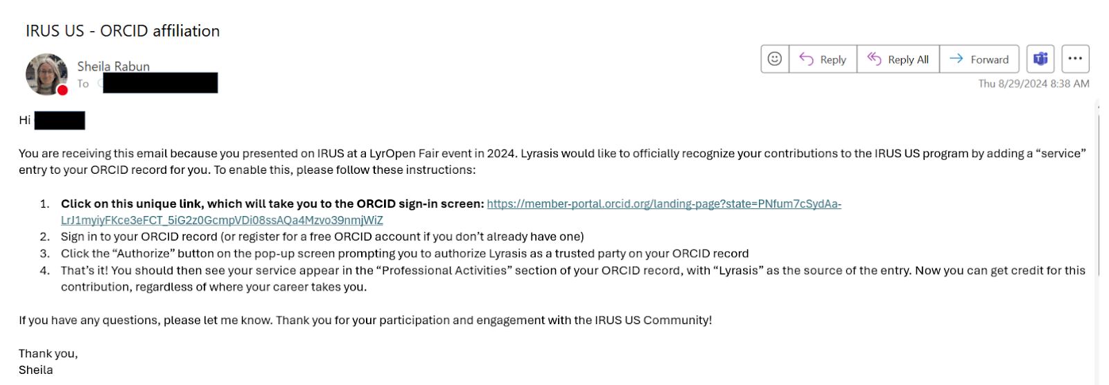 Example of an email sent from a personal address to volunteers&nbsp;