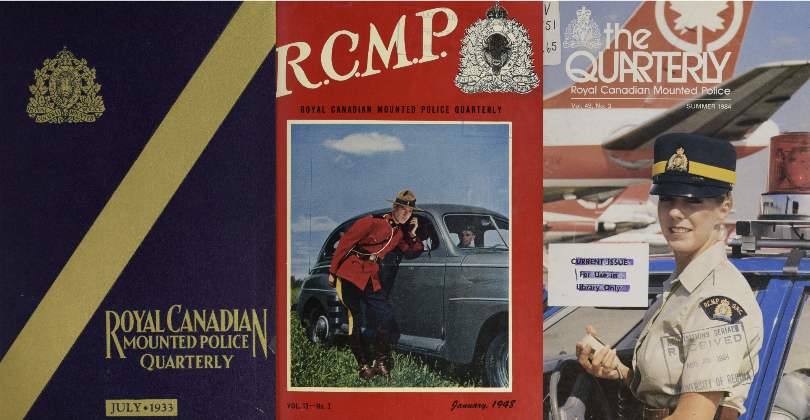 Three covers of RCMP Quarterly editions, including a blue and gold cover from 1933, a cover with a photograph of an officer using a car radio system from 1948, and a cover with a photo of a female officer from 1984.